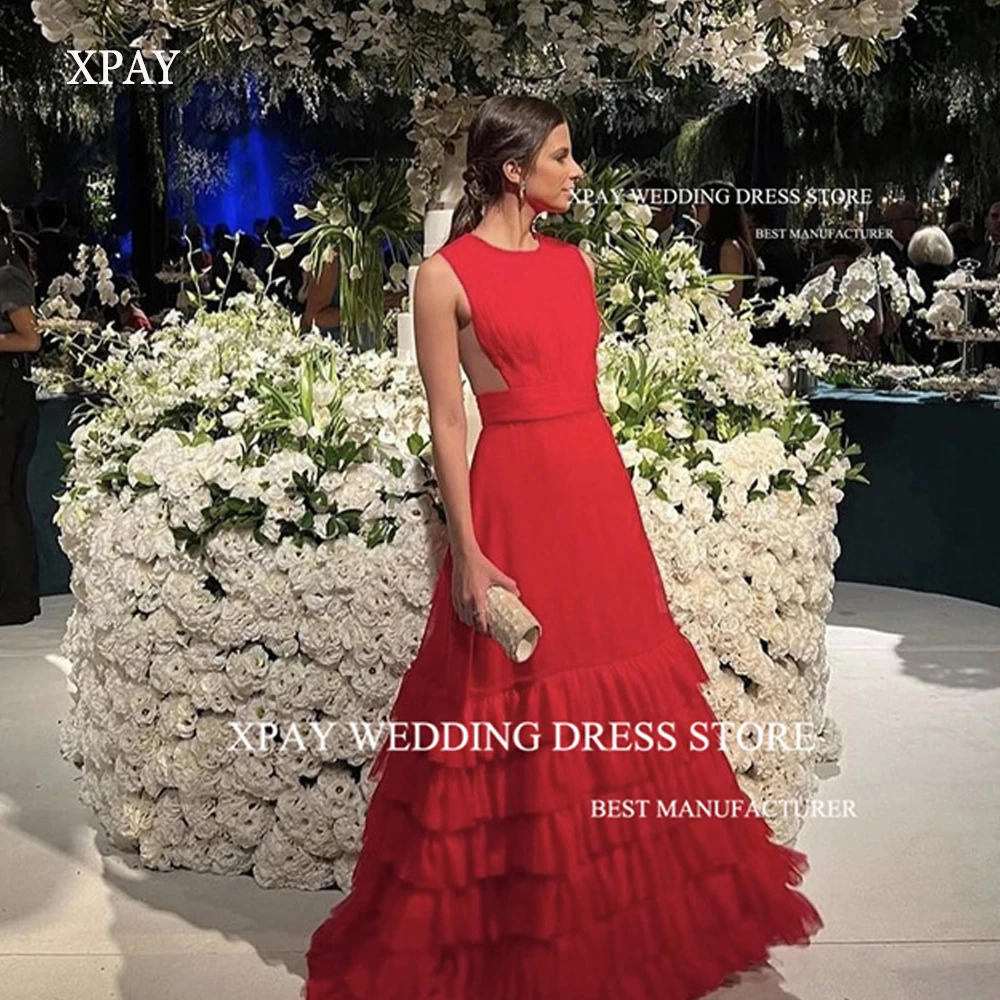 

XPAY Vintage Red Women Wedding Party Dresses O-Neck Tiered Ruffles Skirt Prom Evening Gowns Celebrity Robe de soiree