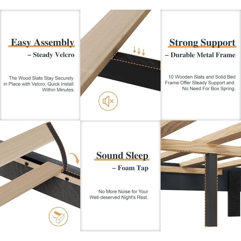 Platform bed frame Queen size, tufted Queen bed frame, leather upholstered headboard, easy to assemble, black