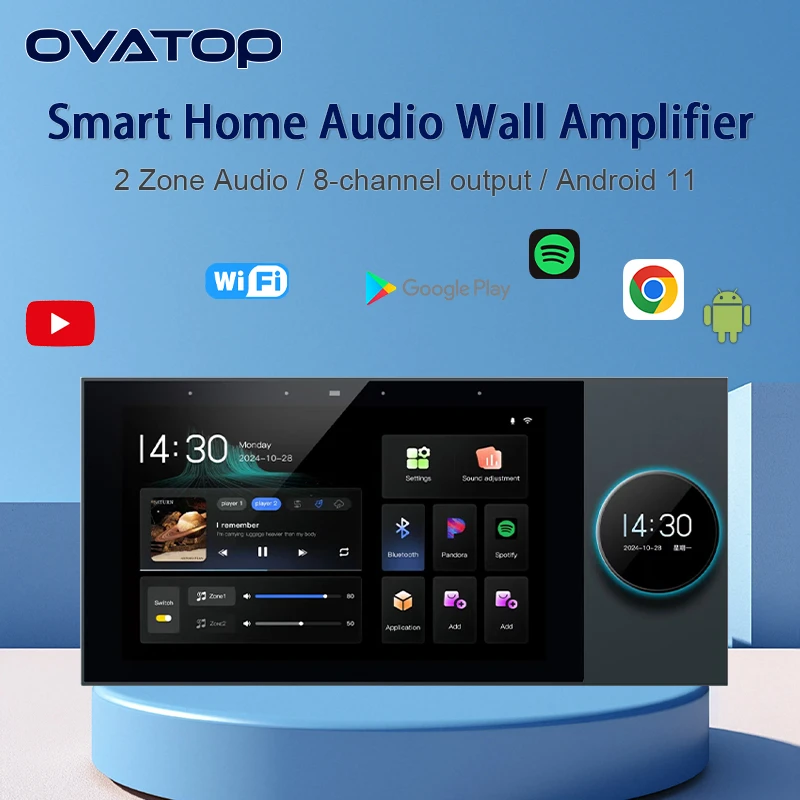 smart home TUYA control Touch Screen panel 2 zone audio wall amplifier WIFI android 11 system 8*30W Bluetooth sound music player