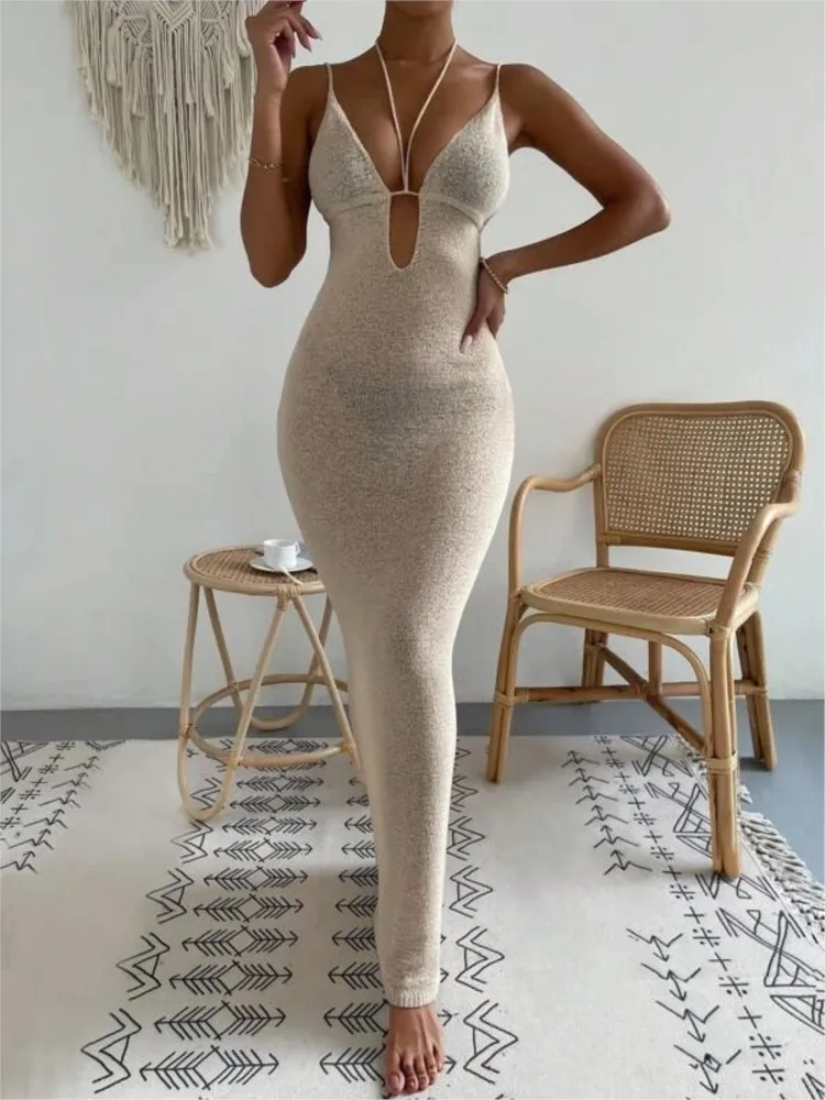 

Pure Desire Sexy Hollow Strap Halter Sling Dress 2026 Summer New Women's V-neck Fashion Personalized Long Dress