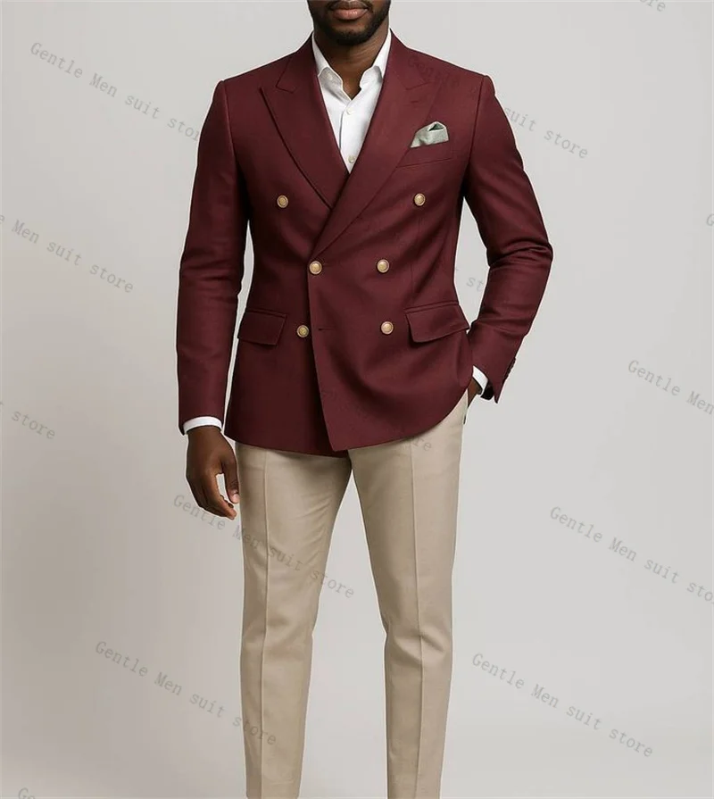 Burgundy Men Suit Set 2 Piece Blazer+Pants Trousers Cotton Wedding Tuxedos Formal Business Office Jacket Prom Coat Customized