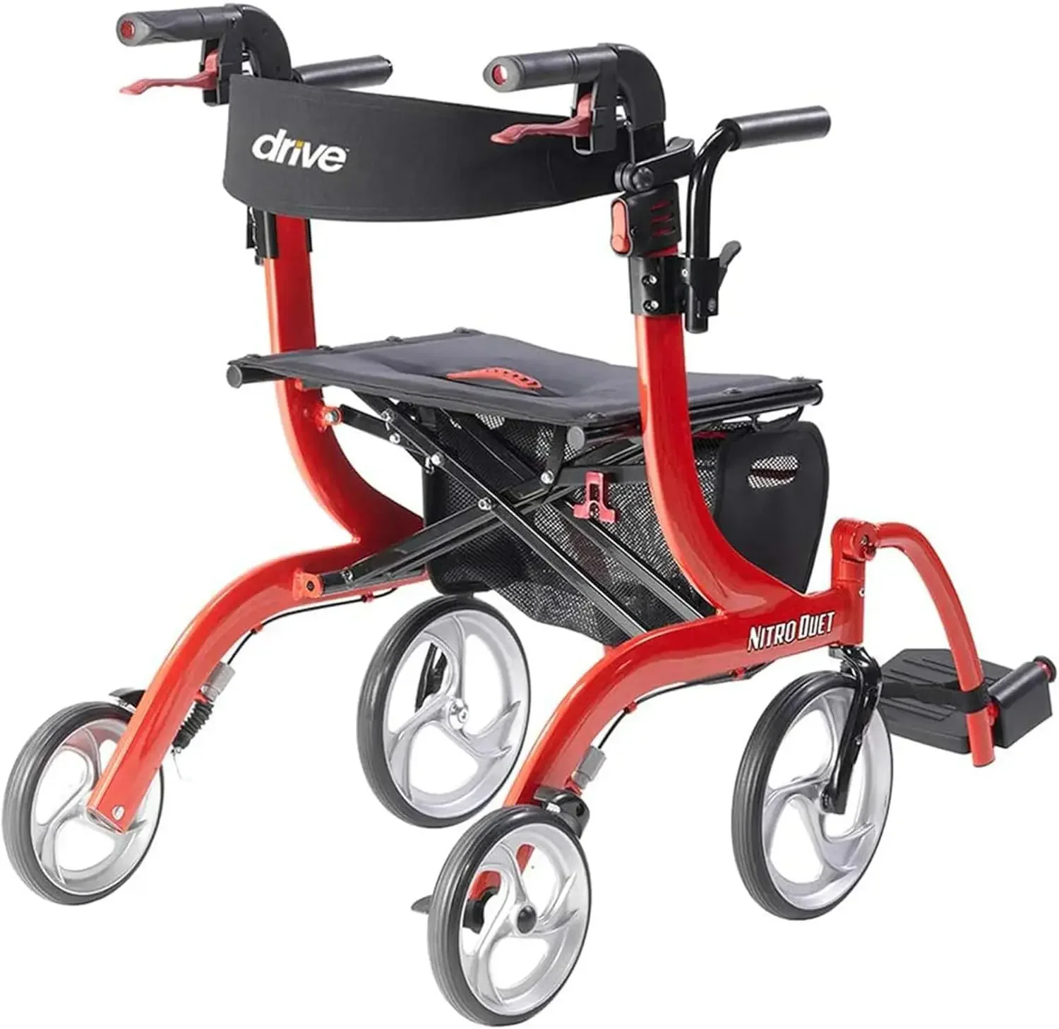 Dual Function Transport Wheelchair and Rollator Rolling Walker Combo with Hand Activated Brakes and Back Support, Red