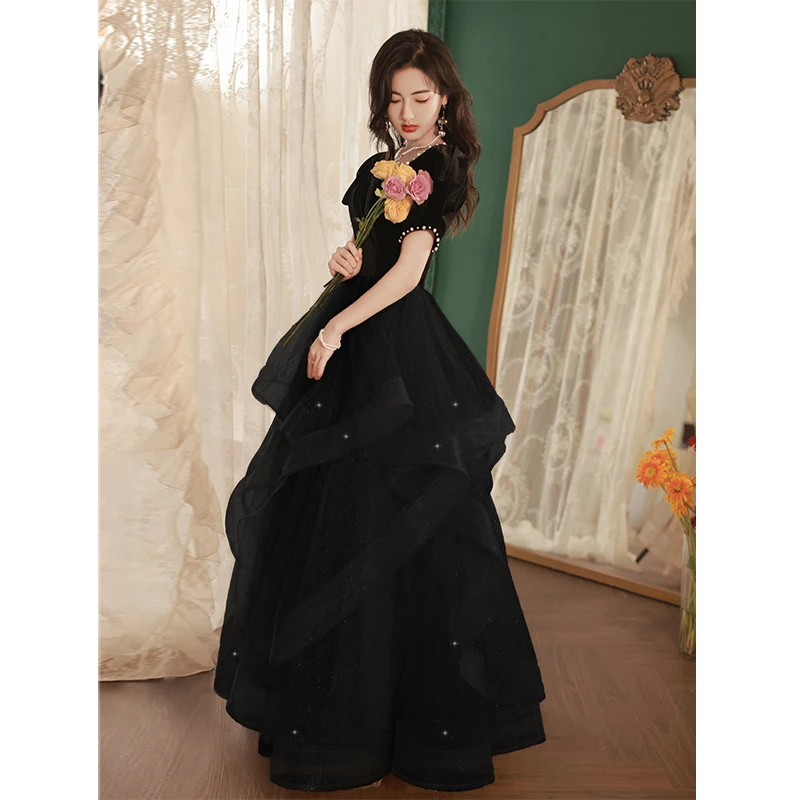 Gaun Malam A-Line Putri Hitam Elegan Gaun Prom Pesta Formal Wanita Panjang Lantai Leher Persegi Peri Perancis Robe De Soiree