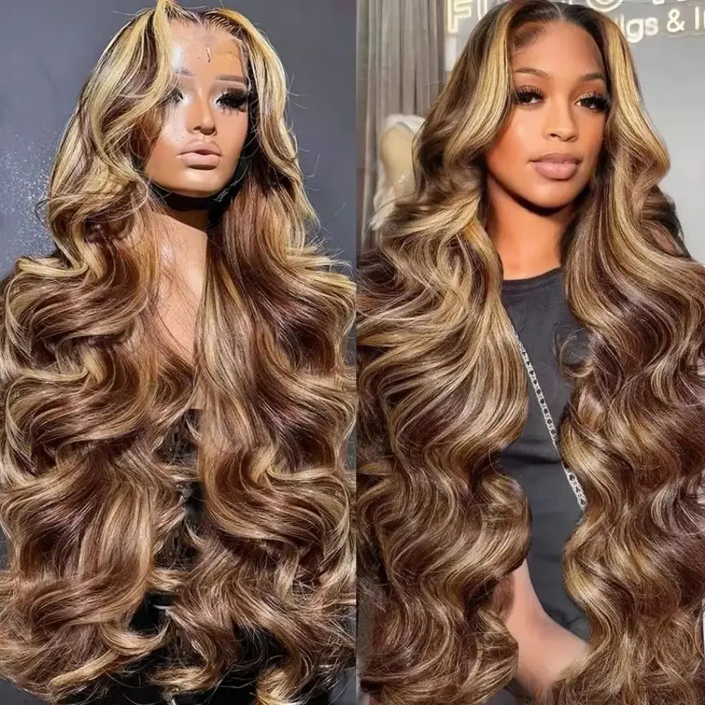 

250% 4/27 13x6 30 34-дюймовые парики из натуральных волос HD Blonde Highlight Ombre Color Body Wave с кружевной передней частью, 13x4 кружевной фронтальный парик с предварительно выщипанной линией роста волос