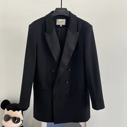 Office Lady Black Blazer Coat  Women 2024 Spring Satin Notched Collar Double Breasted Lazy Style Middle Long Women's Suit Jacket