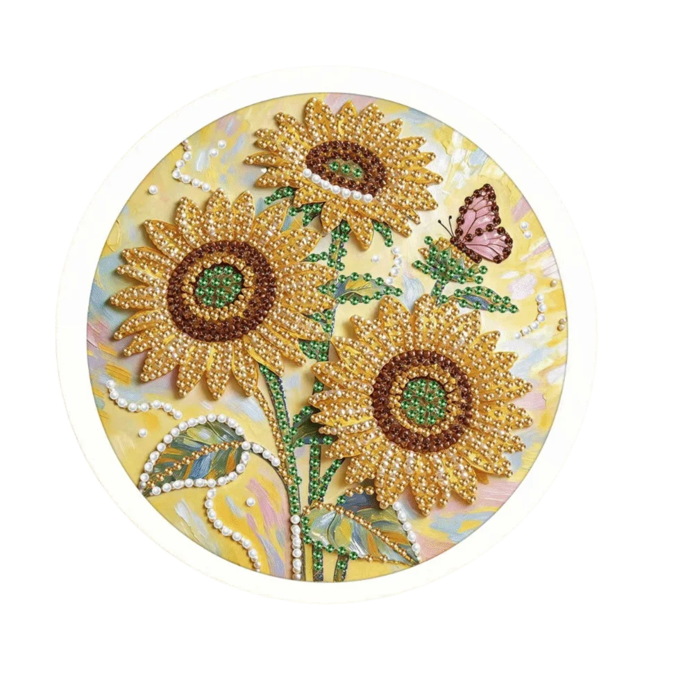 Sunflower Round Shape Pearl Painting Hand-Pasted 15cm DIY Painting Material Pack Flower Self-Adhesive Paintings Living Room