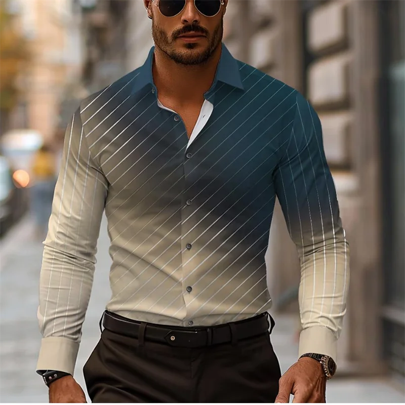 Men Long Sleeve Button‑Up Shirt Gradient Teal Beige Diagonal Stripe Modern Casual Tops