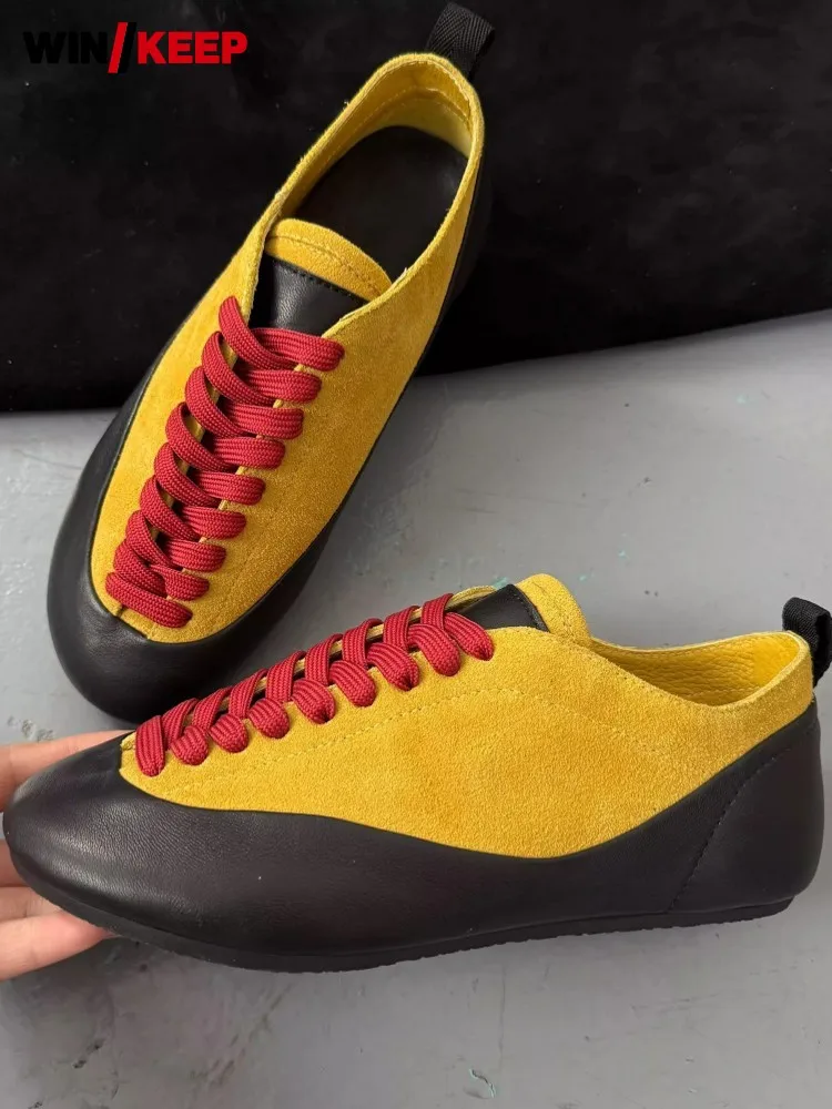 النساء في الهواء الطلق جلد طبيعي احذية الجري الدانتيل قطع الدانتيل يصل الشقق الركض أحذية رياضية مختلط الألوان تقسم جلد الغزال المدربين #1