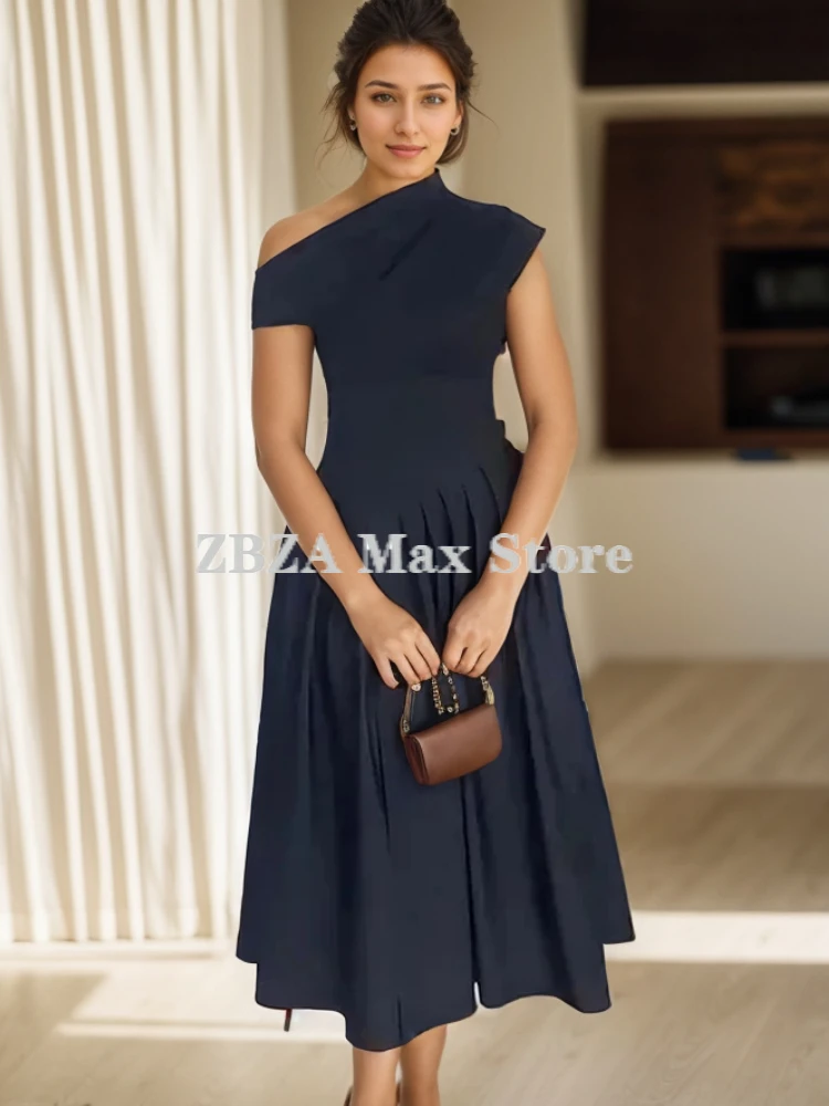 Slant Shoulder Dress Round Neck Pleated Solid Sleeveless High Waisted Slim Fit Casual Patchwork Long Skirt New Female Chic Dress