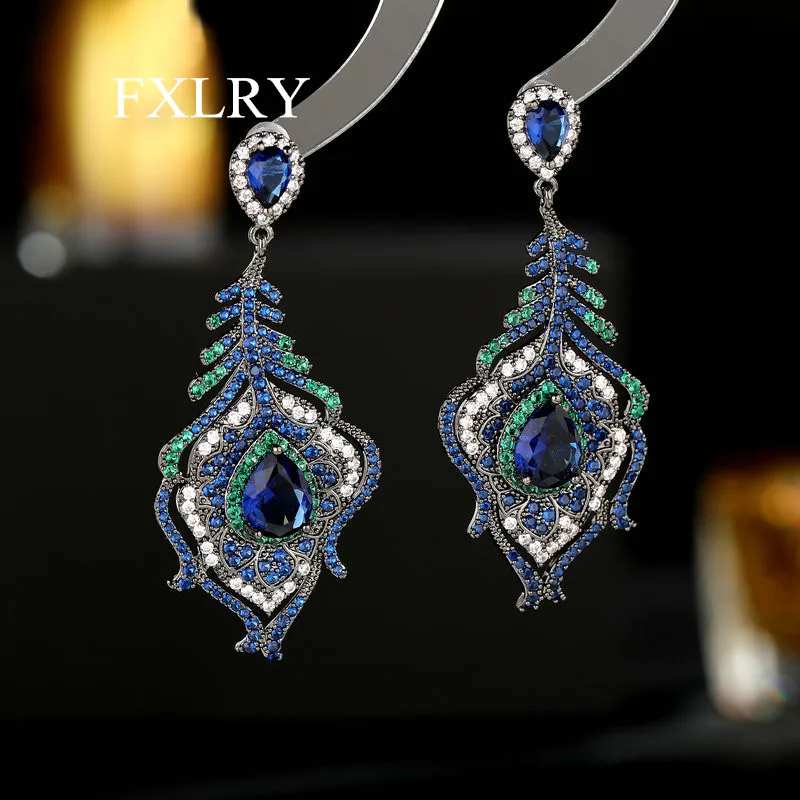 

FXLRY Luxury French Retro Exaggerated Inlaid Zircon Feather Earrings For Women Wedding Party Jewelry