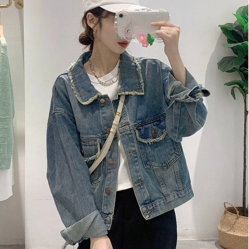 

American Style Short Denim Jacket Raw Edges Small Stature Niche Design Chaqueta Women's Spring Autumn Retro Chic Coat Top 2024