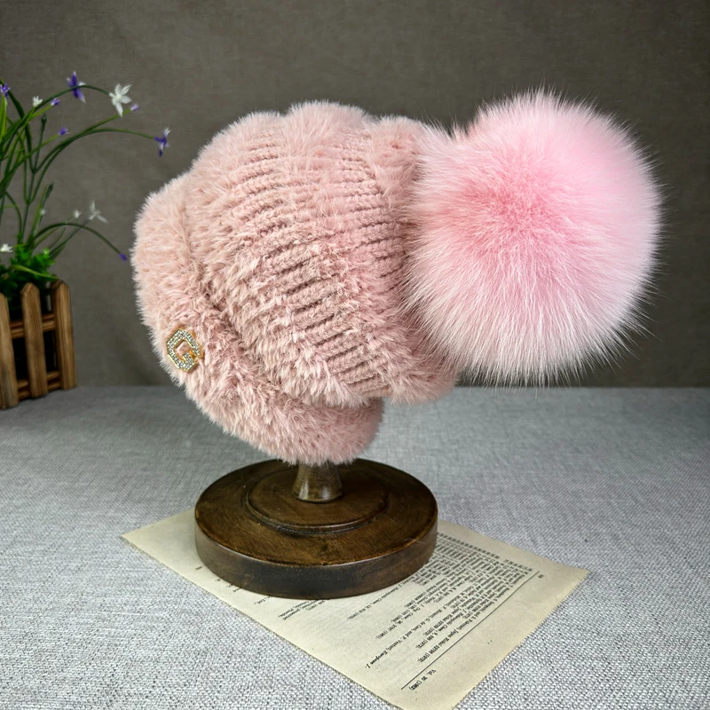 100% natural fur pompom hats wool Cap for women girl Letter G High quality Fur Pom Poms travel Ski Hat winter beanies Hat ﻿