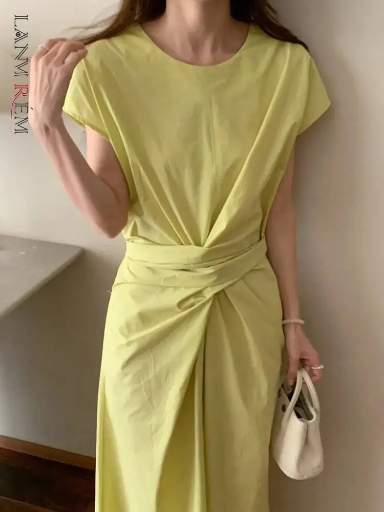 [LANMREM] Women's Cross-Tie Waist Round Neck Midi Dress Casual Summer OPS 26E02168