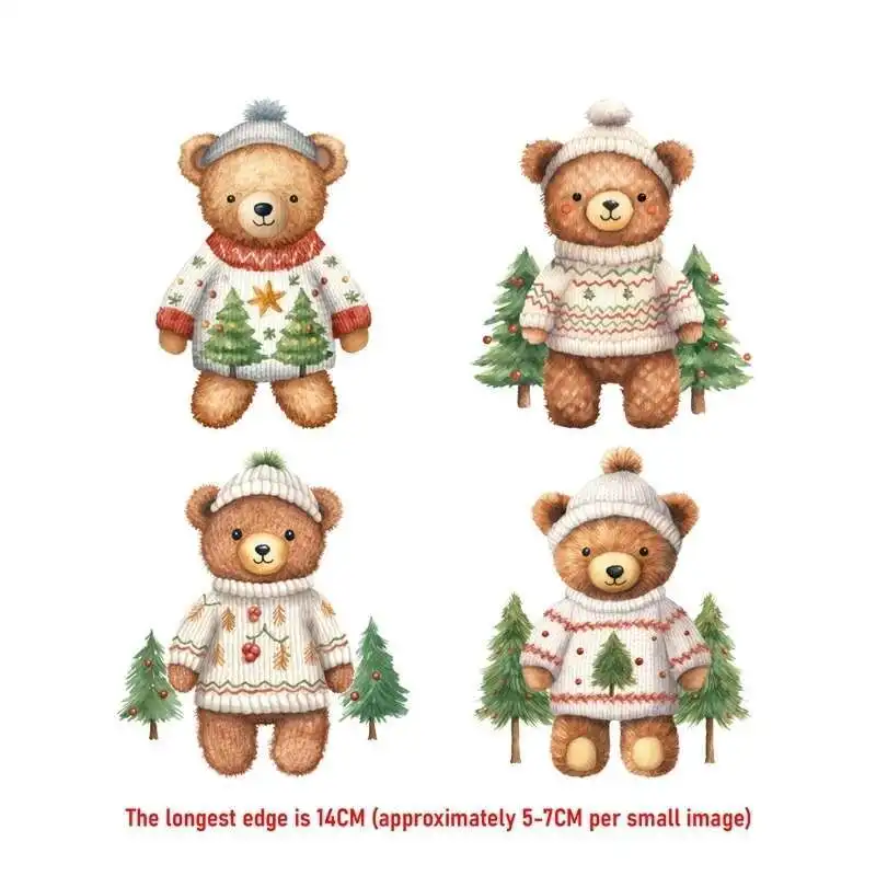 14CM Cartoon Christmas Bear Heat Transfer Stickers For Clothes Iron On  DTF Vinyl Thermal Appliques Washable T-Shirt Deca