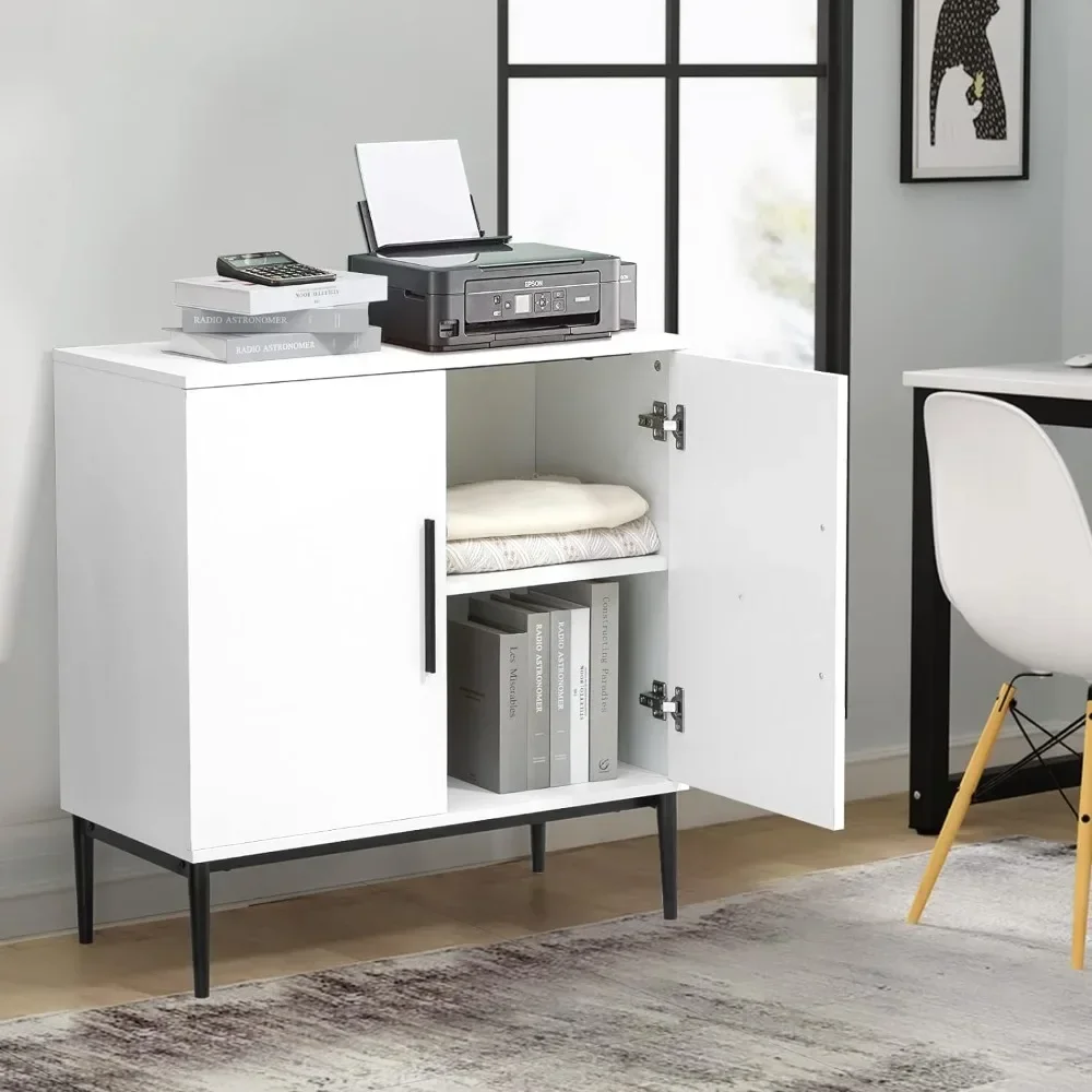 Storage Cabinet with Doors, White Accent Cabinet, Modern Free Standing Cabinet, Sideboard with Metal Base for Bedroom