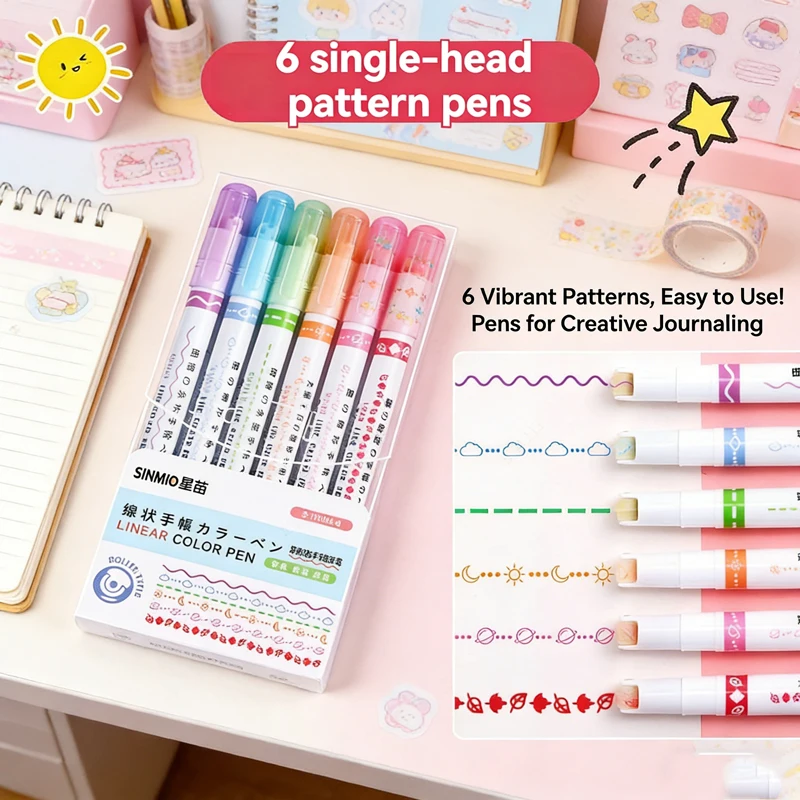 6-24Pcs/Set Flower Line Shape Highlighter Pen Roller Tip Curve Liner Marker Kawaii Korean Stationery School Office Art Supplies