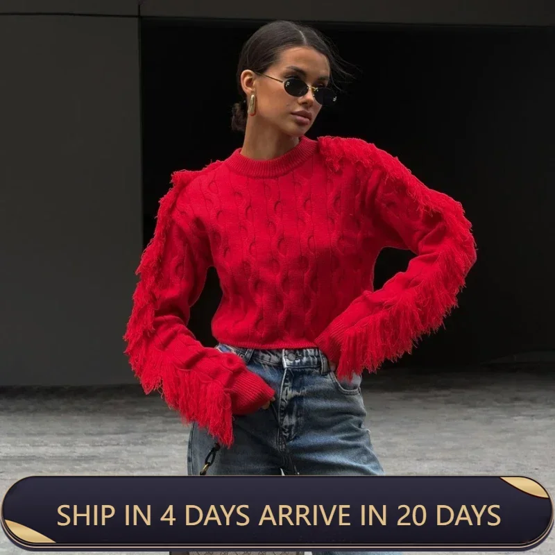 

Women's INS Style Fringed Sweater T Shirt In Autumn Thin And Long Sleeved Round Necked Knitted Shirt For Women