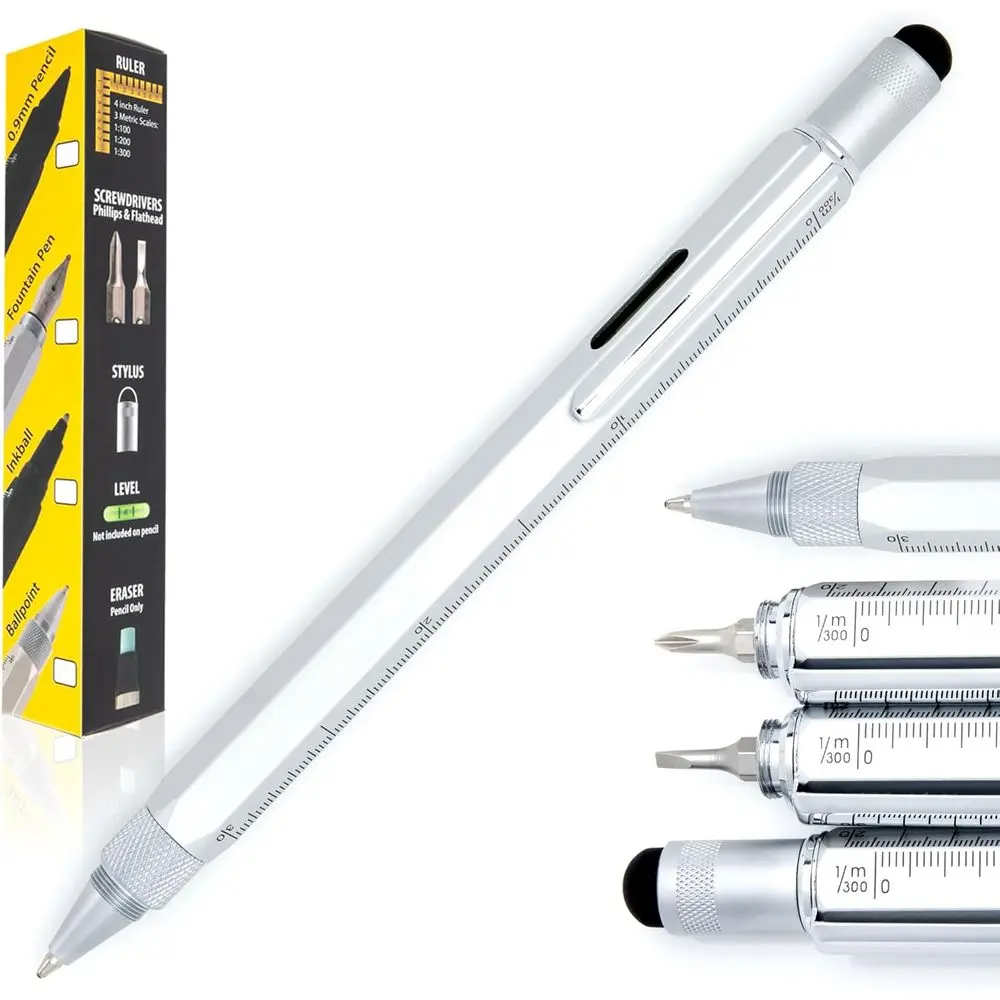 

9-in-1 Multi-Tool Pen with Stylus, Screwdrivers, Level, Ruler - Silver Edition, Perfect Gift for DIY Lovers