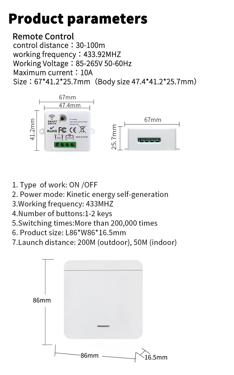KEBIDUMEI Drahtloser Lichtschalter Relais-Empfänger RF 433Mhz 1/2/3-Gang-Panel-Schalter Fernbedienung Unterbrecher für LED-Lampe 10A – Detail 6