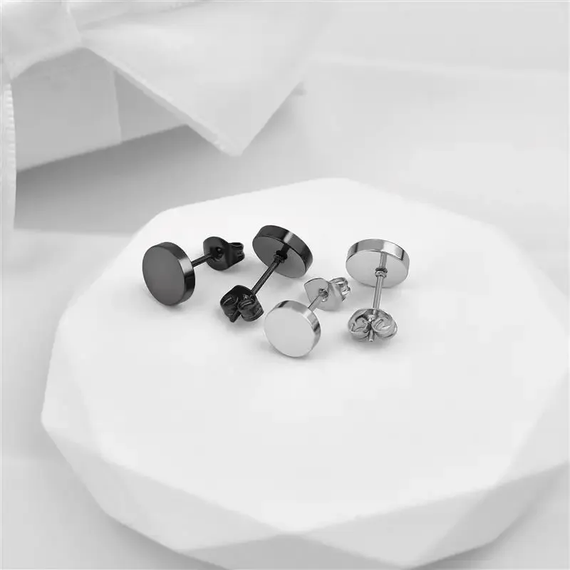 2pcs Stainless Steel Round Black Ear Studs for Men, 3-8mm Punk Stud Earring Push Back Stud Earrings For Women Men Jewelry