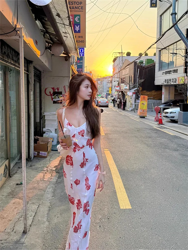 

Silk Linen Y2K Floral Print Sleeveless Bodycon Maxi Dress Women Spaghetti Strap Backless Elegant Party Dress Slim Sweet Sexy