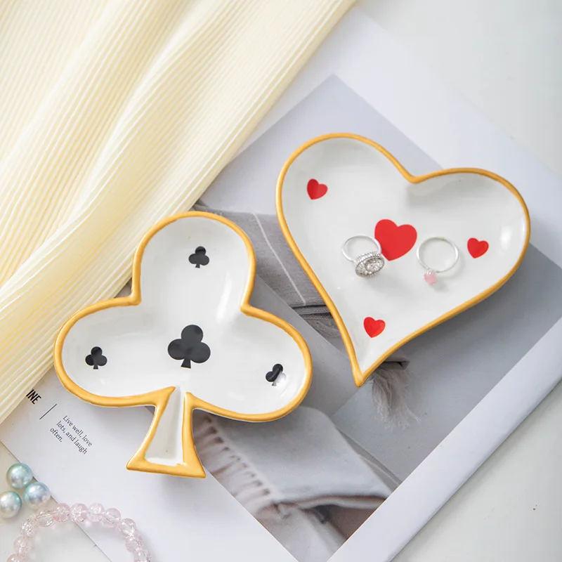 Poker Ceramic Ring Dish, Jewelry Tray & Fruit Plate, Card Suit Decor Storage Ornament for Bathroom Vanity view 3