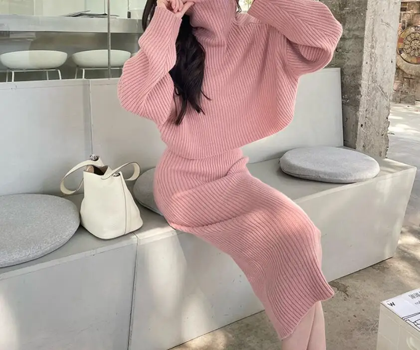 New Autumn/Winter Fashion Long Sleeved High Neck Knitted Solid Color Slim Fit Sweater + Dress Set For Women,4 Colors