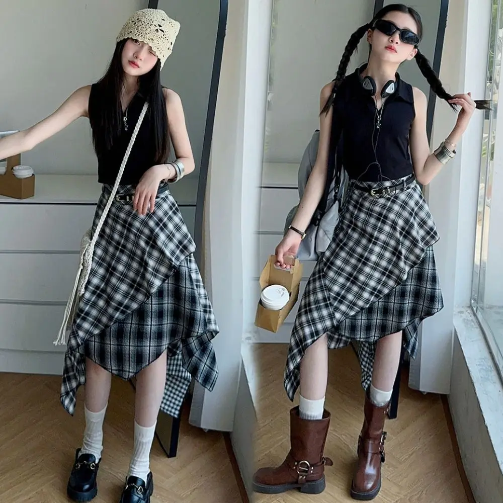 

Plaid Pleated Girls Clothes Set Short Sleeve Irregular Kids Midi Skirt Set y2k Outfits Teens Children Shorts Suit Students