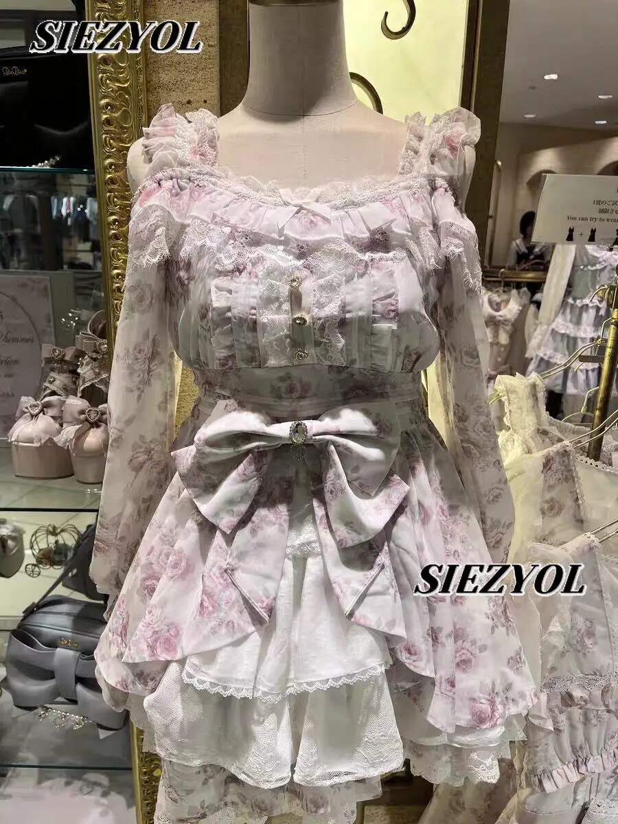 

Liz Oversize Kawaii Dress Sweet Ruffle Bow Lace Tie-up Off-shoulder Long Sleeve Printed Ribbon Dresses and Skirt Two Piece Set