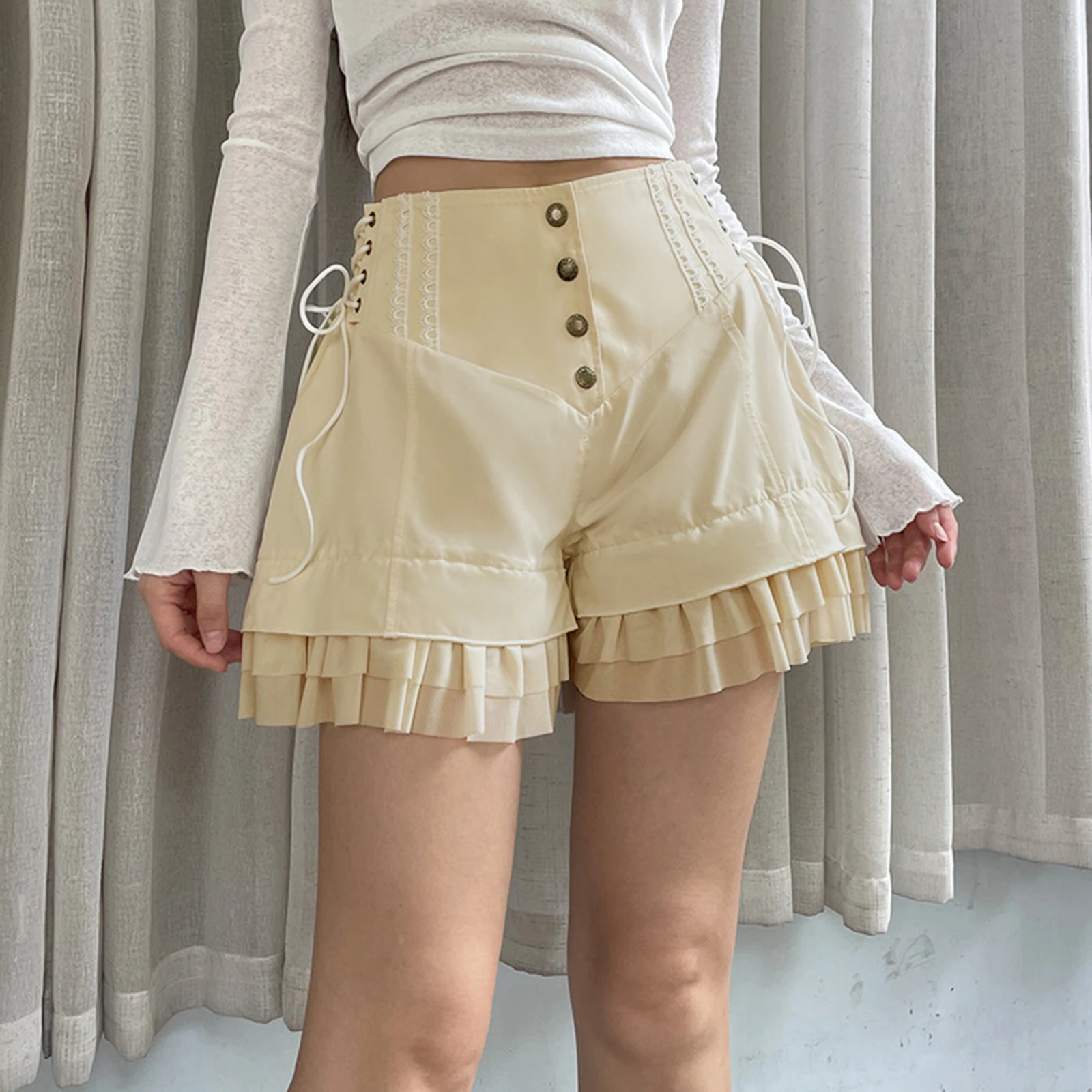 

Weekeep Fairycore y2k Ruffles Shorts Cute 2000s Baggy Button Up High Waist Side Bandage Vintage Short Pants Casual Women Outfits