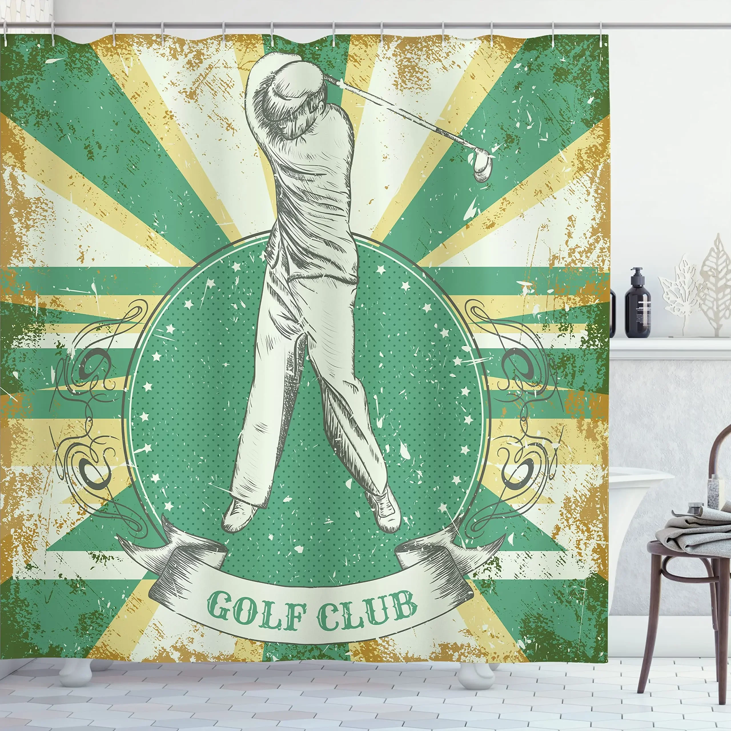 Golf Course Wall Decor Black＆White Shower Curtain Golfing Paintings Golf Ball Artwork Sports Art Curtain for Bathroom,Waterproof