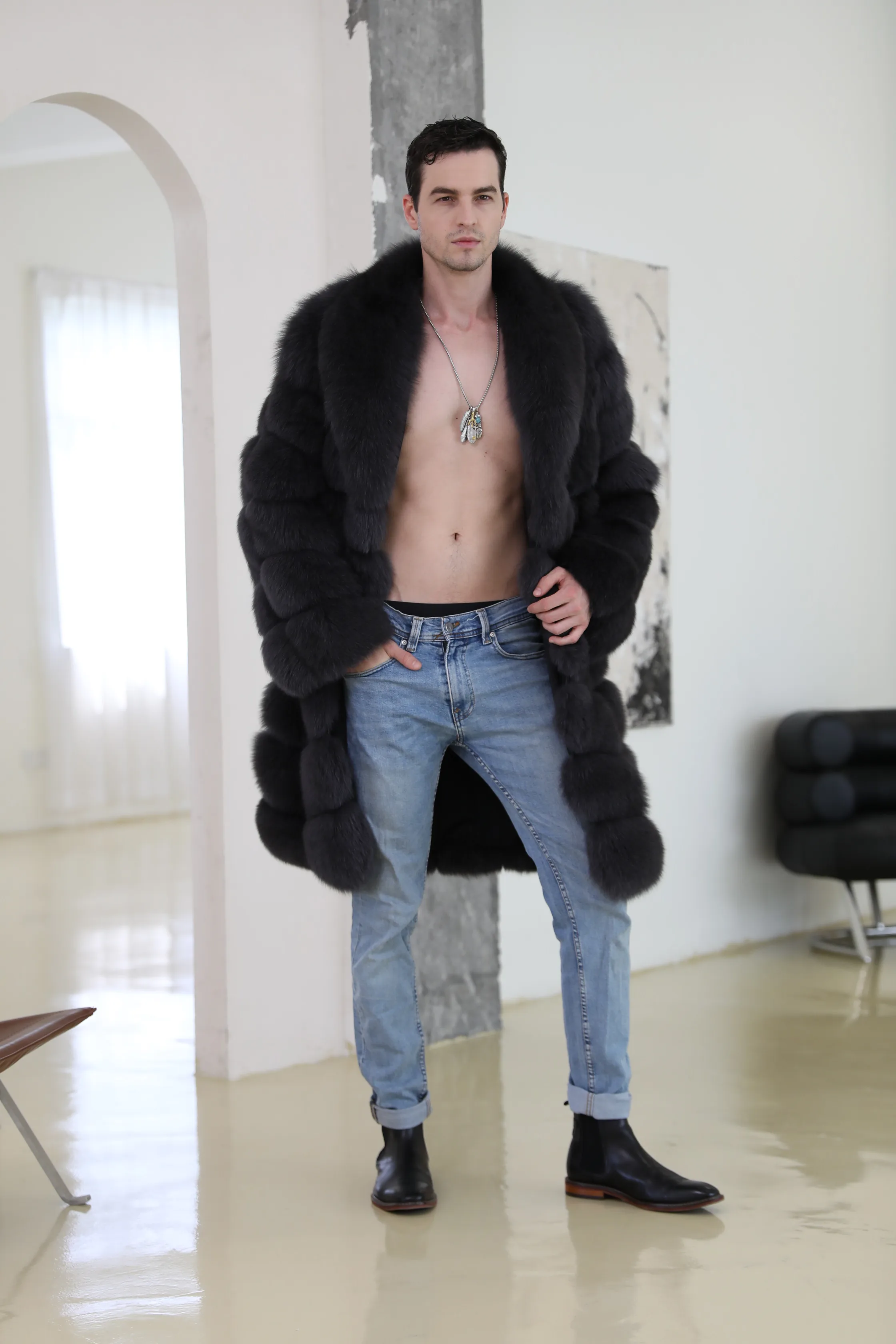 Real Fox Fur Coat with Big Collar, Custom Big Size Natural Fur Coat, Long Length