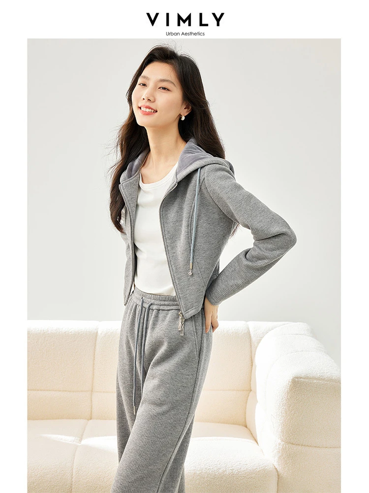 Vimly Two Piece Women\'s Sports Suit Gray Outfits Crop Hoodie Jacket Sweat Pant Sets 2024 Spring Sweatsuit Female Clothes M3862