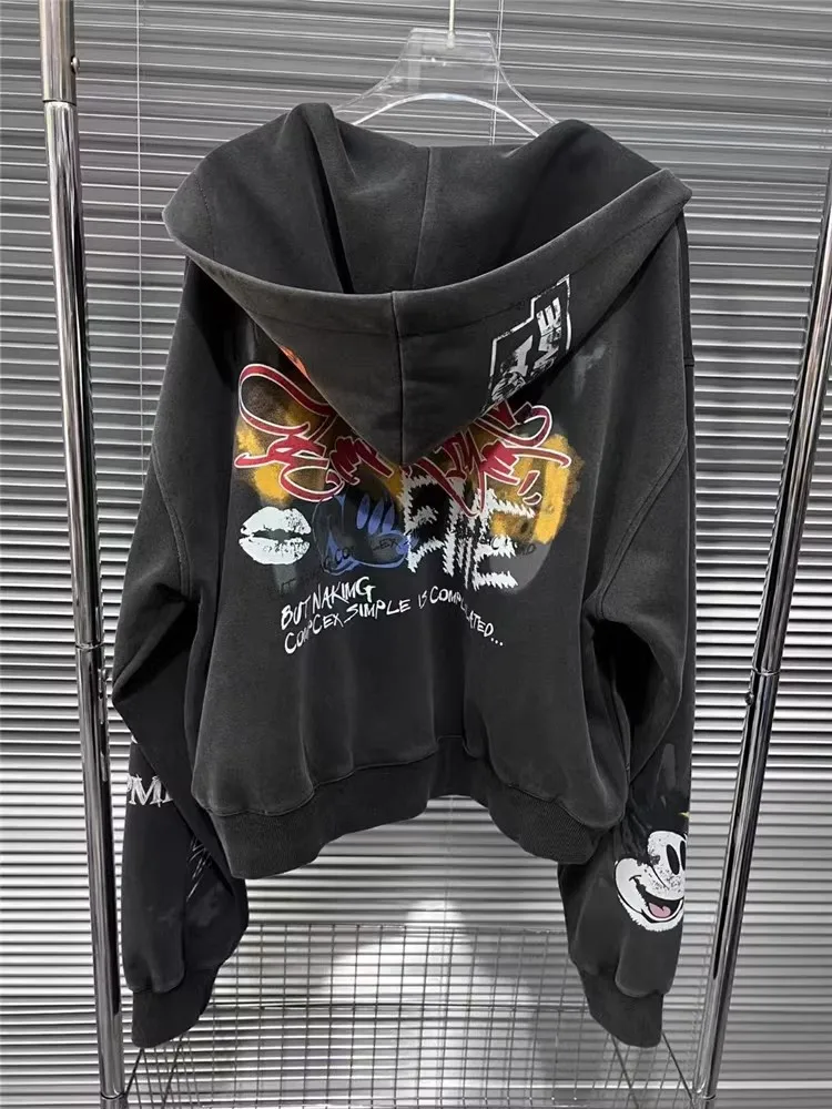 Streetwear Women Loose Fit Hip Hop Graffiti Printed Hooded Jacket Zipper Casual Outwear Coat Autumn New Designer Oversize Jacket