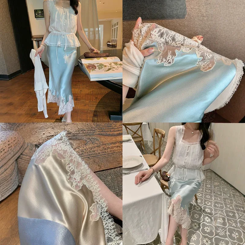 Elegant Embroidered Spliced Satin Glossy Acetate Midi Skirt For Women Vintage High Waist Casual Party Holiday A-line Skirt Femal
