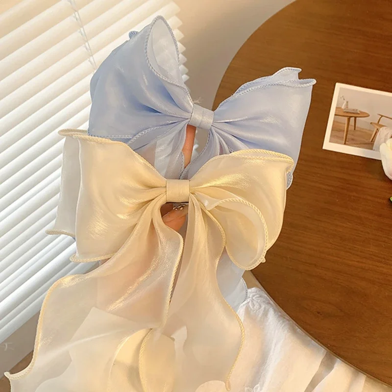 Neue Damen-Haarspange im französischen Stil, süß, rosa-lila, aus Chiffon, mit Schleife und Band, für Freundin, Pferdeschwanz-Clip, Haaraccessoire, Geschenk – Detail 1