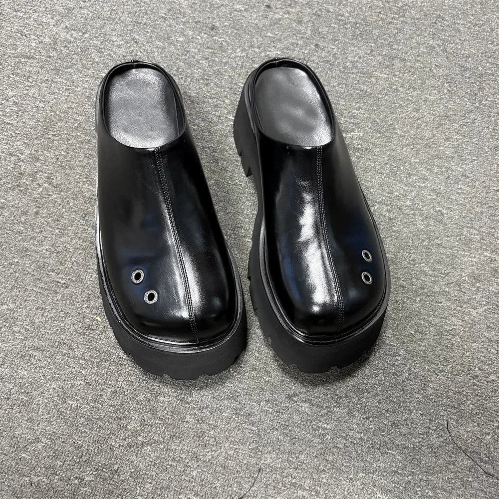 Black Oil Wax Leather Round Toe Slippers Men 6cm Platform Rivet Breathable Slip On Height Increased Solid Color Trendy Mules