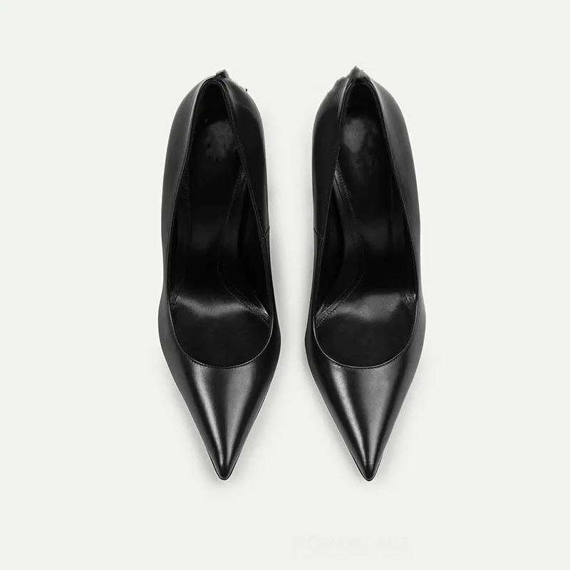 صنادل جلدية لامعة بحزام واحد خنجر السيف الأسود الصولجان عالية الكعب خمر حواف حادة مضخات أحذية النساء Chaussure