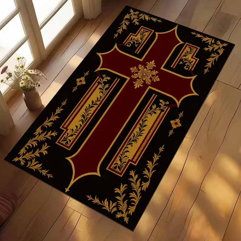 Gothic Vintage Orthodox Cross Area Rug | Christian Prayer Mat Carpet Living Room Decoration Mat Carpets for Bed Room Outdoor Rug