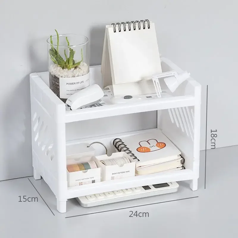 1PC PP Desktop Double Layer Storage Rack Rectangular White Organizing Student Desk Office Cosmetics Stationery