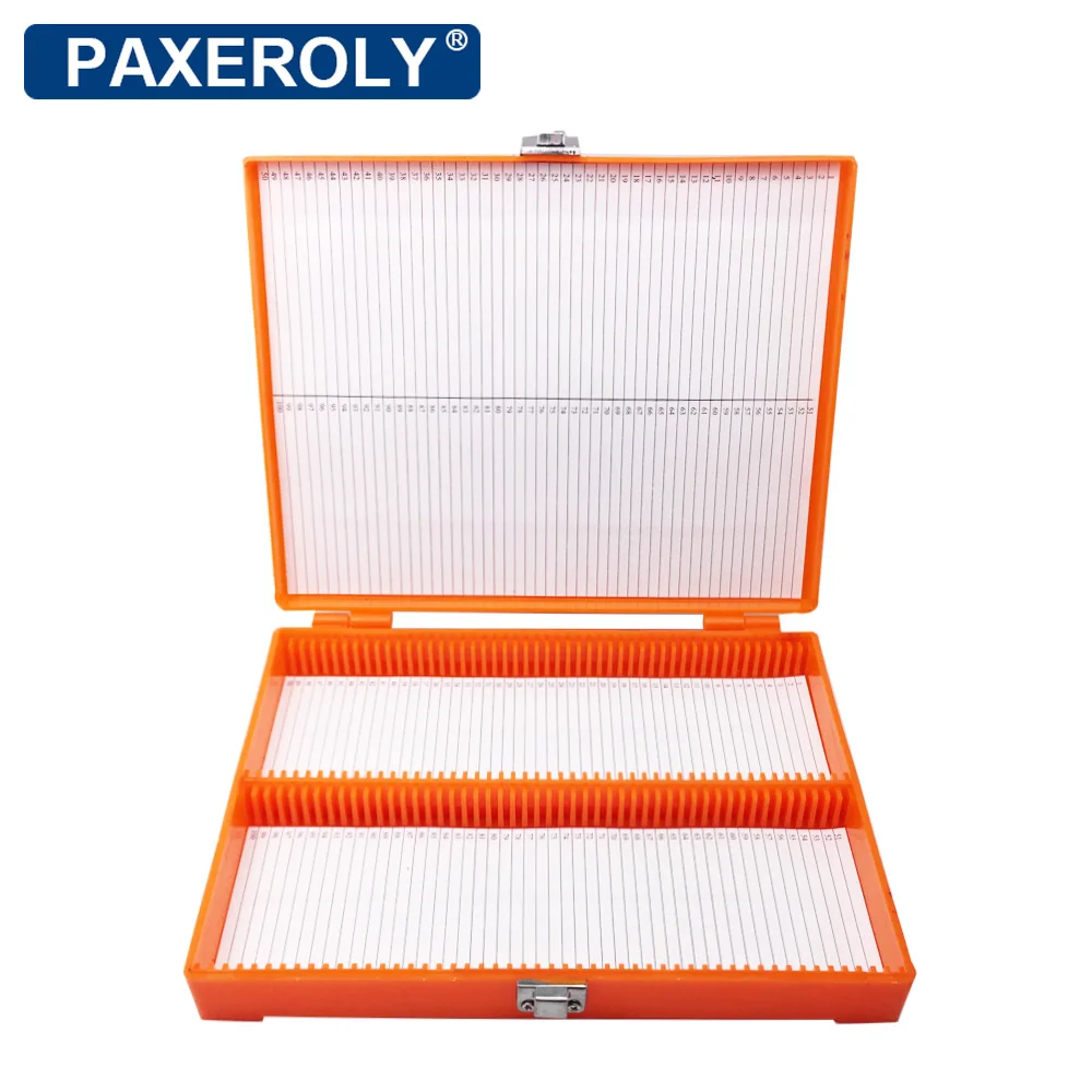 Mikroskop-Objektträgerbox 100 Fächer Objektträgerkasten mit Metallverschluss Orange Farbige Kunststoff-Aufbewahrungsbox für Mikroskop-Objektträger