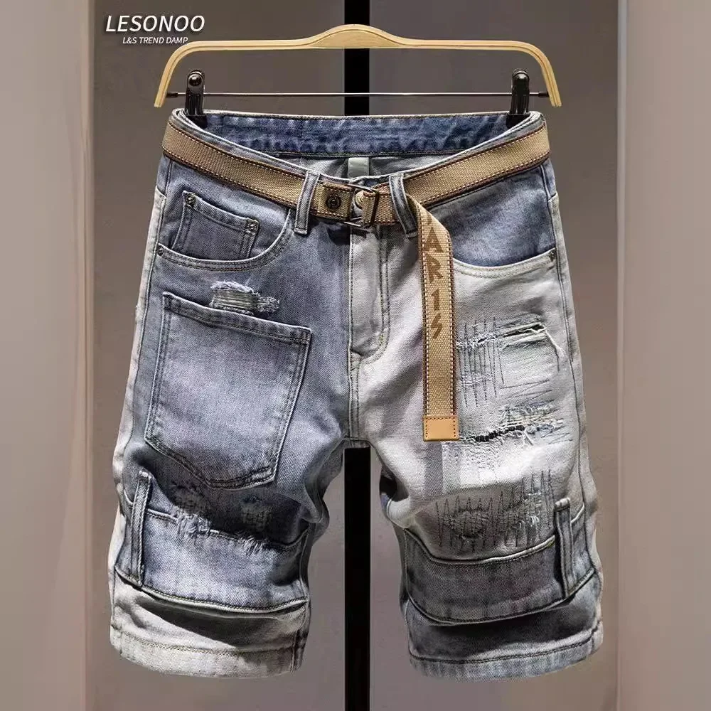 

Pop Summer New Fashion Men;s Trendy New Fashion Jeans Shorts Thin Spliced Multi Pocket Hole Patched Knee Length Denim Shorts Pan