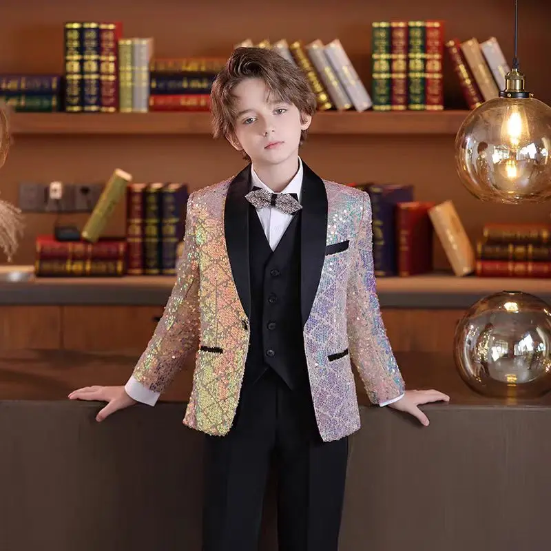 Formal Boy's Suit Set Sequin Suit Jacket Vest Pants Set Handsome Flower Boy Mini Suit Jacket Host Piano Performance Costume