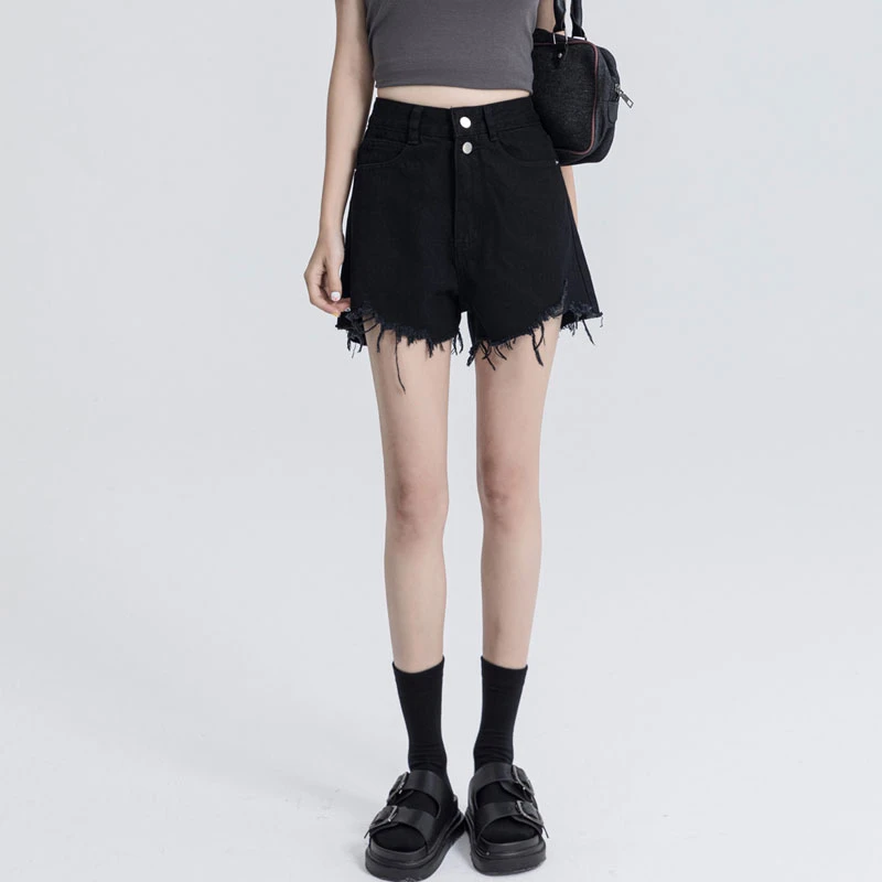 

Black high-waisted double-button denim shorts female summer 2024 new burlap a word loose thin spicy hot pants