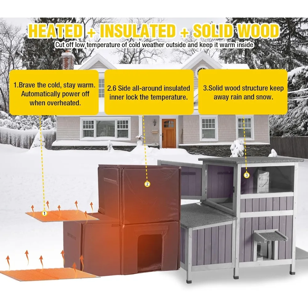 Large Heated Outdoor Cat House Insulated Weatherproof Feral Cat Shelter with 2 Layer, Wooden Kitten Condo with Three E