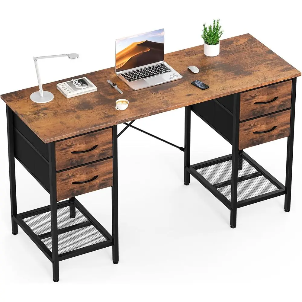 

Computer Desk with Ders, 55 Inch Home Oice Bedroom Table with 4 abric Ders & 2 Mesh Storage Shelves, Wood Table with X-Shaped St