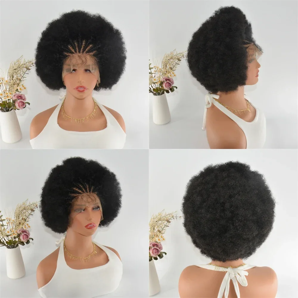 Peluca trenzada frontal de encaje 13x4 de 250% de densidad, peluca Afro rizada corta sintética con cabeza explosiva para mujer, peluca de moda para el cabello de bebé de encaje