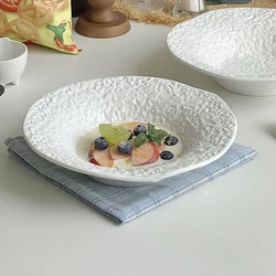 Embossed Ceramic Dinner Plate Light Luxury Creative White Deep Plate Household Dessert Salad Plate Kitchen Tableware