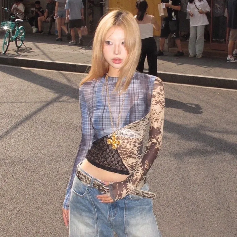 Karrram Japanese Y2k Patchwork Mesh Tops Trashy 2000s Lace Sheer Top Grunge Aesthetics Irregular T-shirt Vintage Harajuku Korean