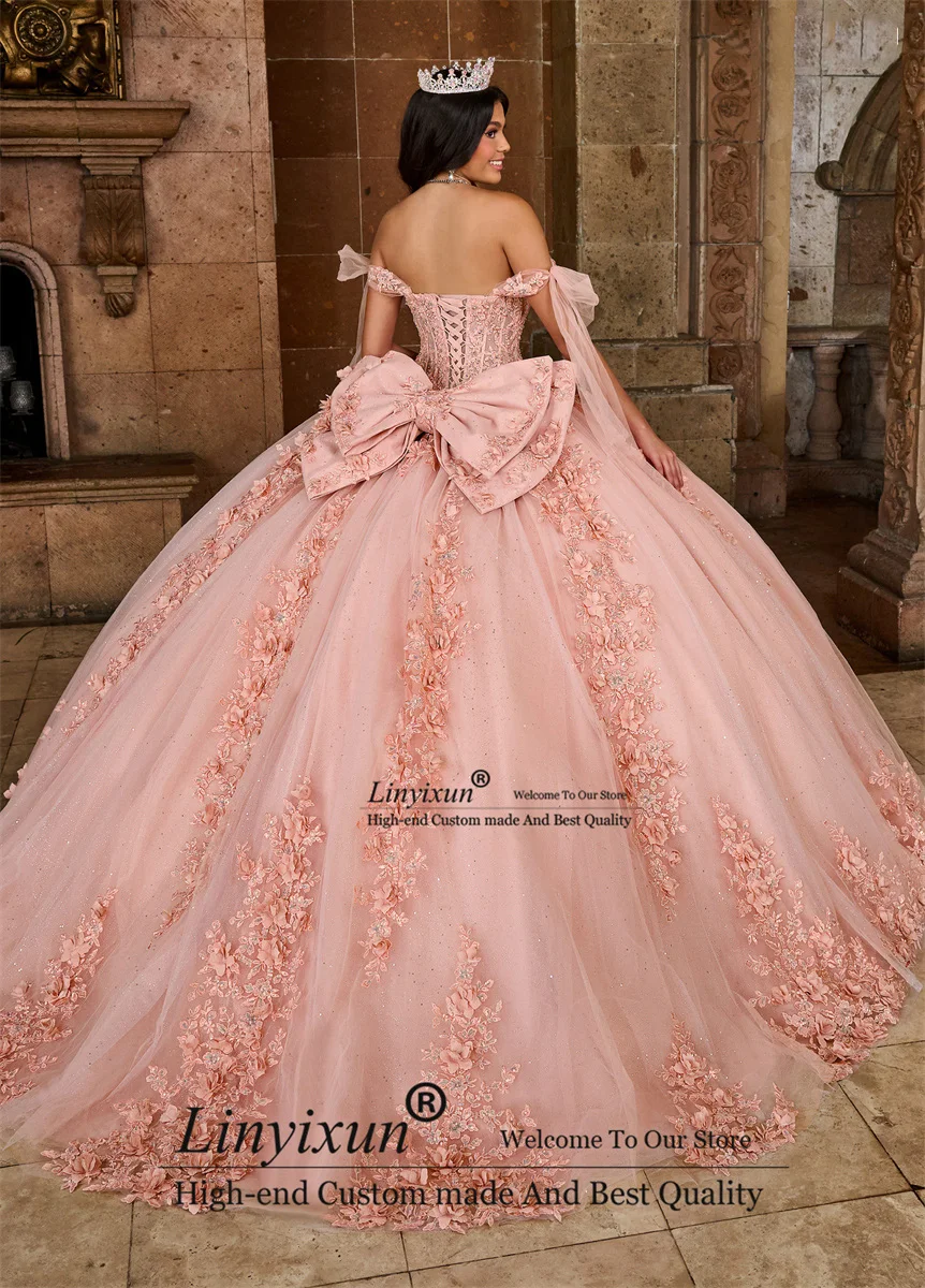 Princesa vestido de baile rosa fora do ombro, Lace-Up, Lace-Up, Frisado, Flores 3D, Babados, 16 Vestidos de Aniversário, Vestidos Quinceanera, México, 2024